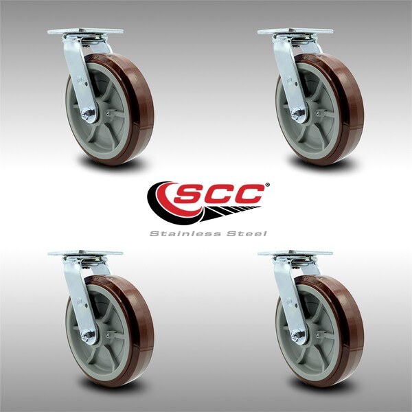 8 Inch Stainless Steel Polyurethane Wheel Swivel Caster Set with Ball Bearings